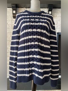 Club Monaco Navy and White Striped Chunky Cable Knit Sweater